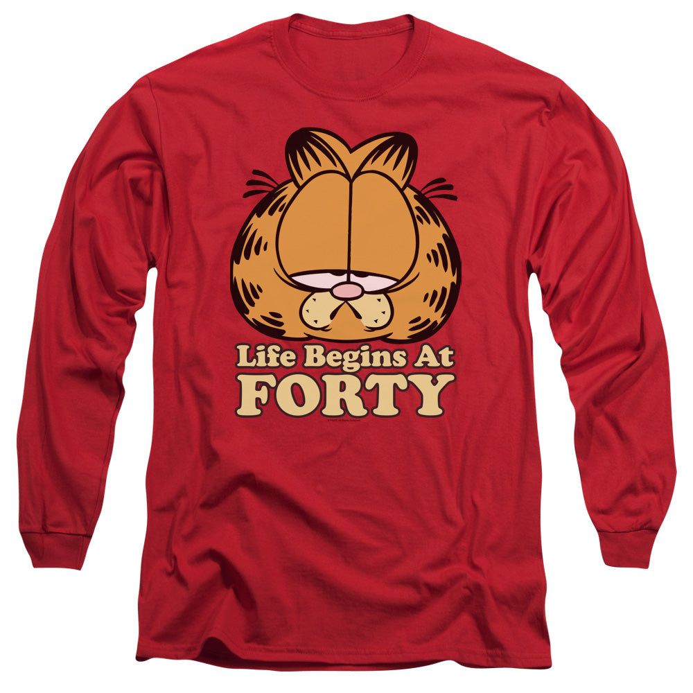 Garfield Life Begins At Forty Mens Long Sleeve Shirt Red Officially Licensed
