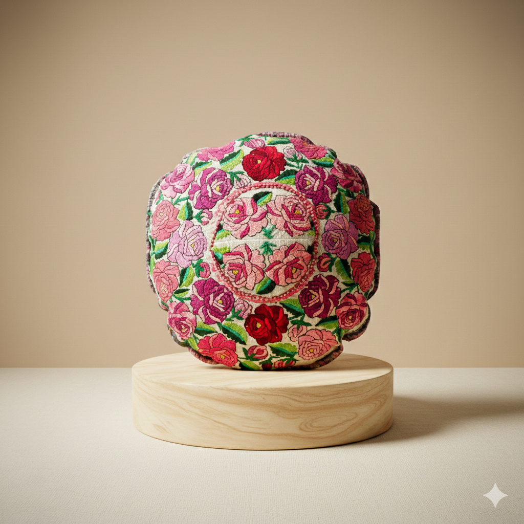 Up-cycled Moon Floral Huipil One-of-a-Kind Round Boho Pillow Cover - Guatemala