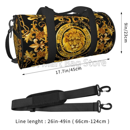 Gold and black patterned duffel bag with lion design, shown with measurements and strap details.