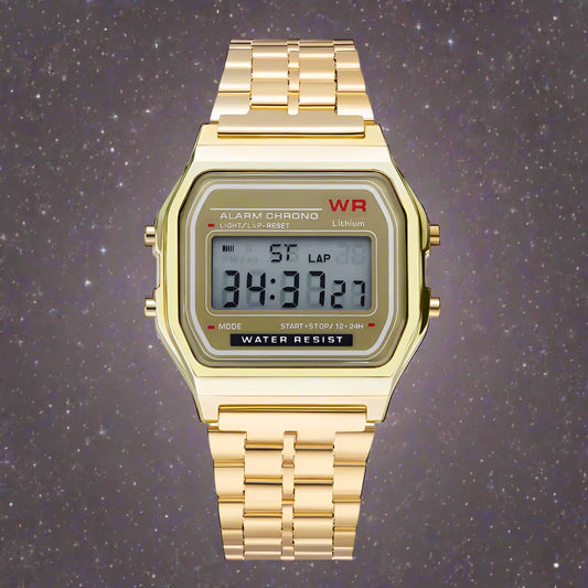 Gold digital watch with a white background