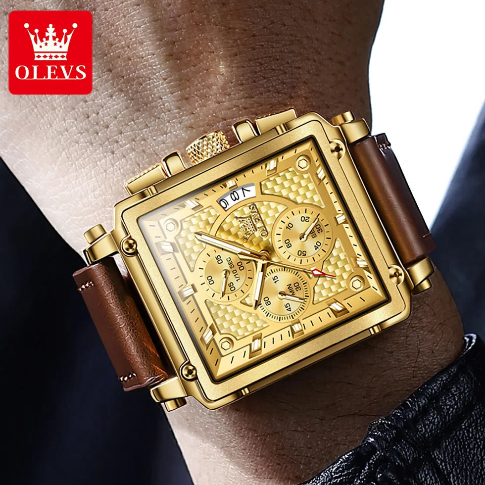 Gold wristwatch with brown leather strap on a person's wrist, OLEVS brand visible.