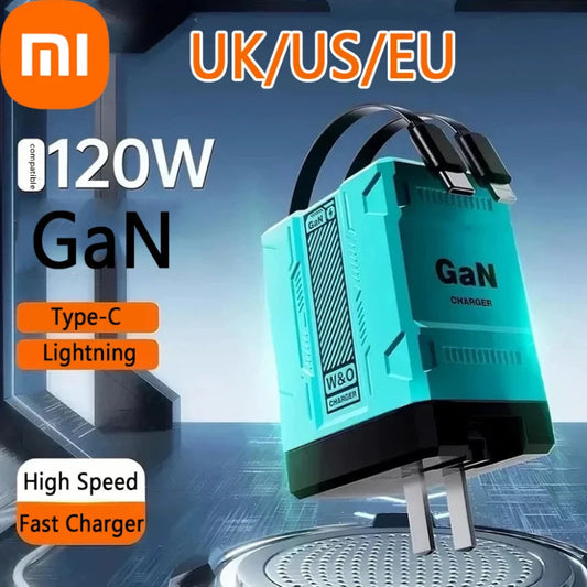 Green fast charger with multiple ports on a blue background, featuring Xiaomi logo.