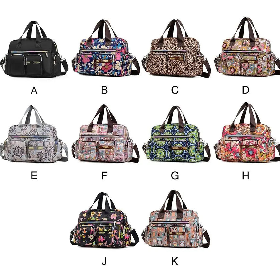 Grid of floral patterned bags labeled A to K on a white background