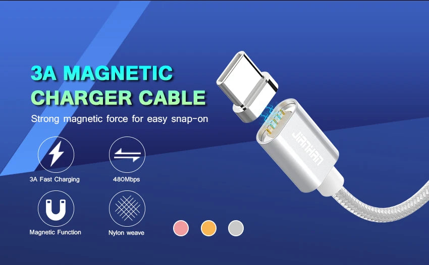 JianHan GlowCharge Type-C Magnetic Cable – 1M 3A Fast Charging USB-C Cord with LED Snap-On Power for Android Legends