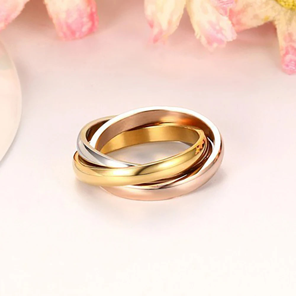 TriAura CeramiGold Ring Set — 3-Round Stack, 18K Glow, Stainless Strength (Sizes 5–14)