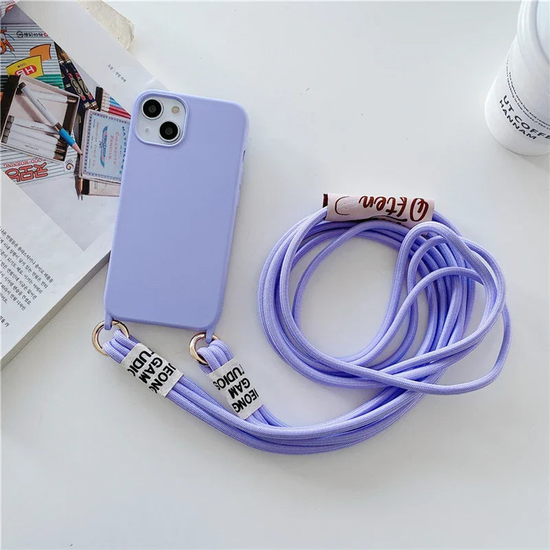 Fashion Crossbody Lanyards Necklace Liquid Silicone Case For iPhone 16 15 14 13 11 12 Pro Max Mini XS XR X 8 7 Plus Matte Cover