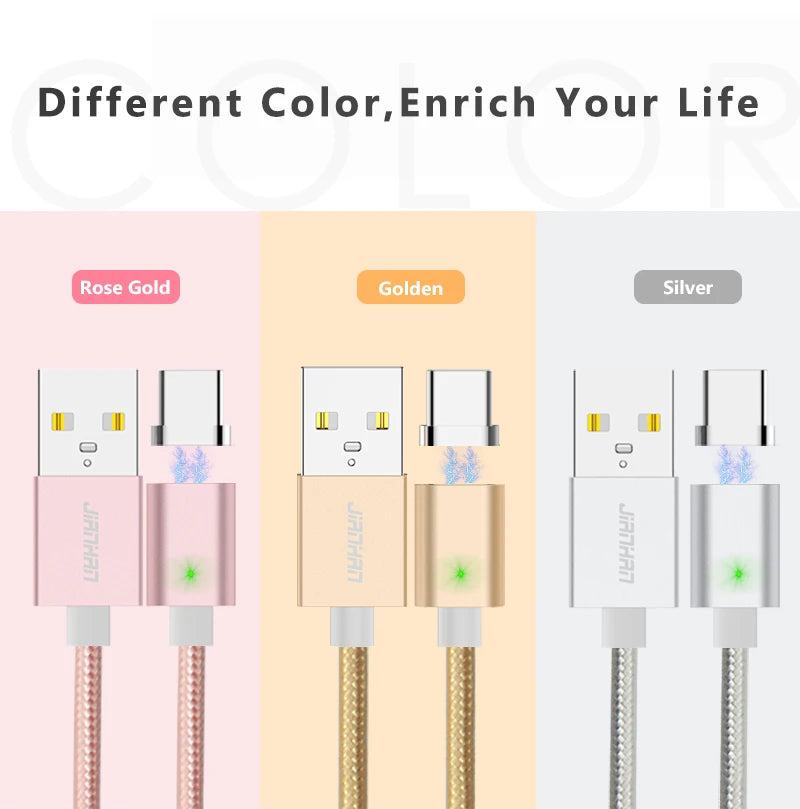 JianHan GlowCharge Type-C Magnetic Cable – 1M 3A Fast Charging USB-C Cord with LED Snap-On Power for Android Legends