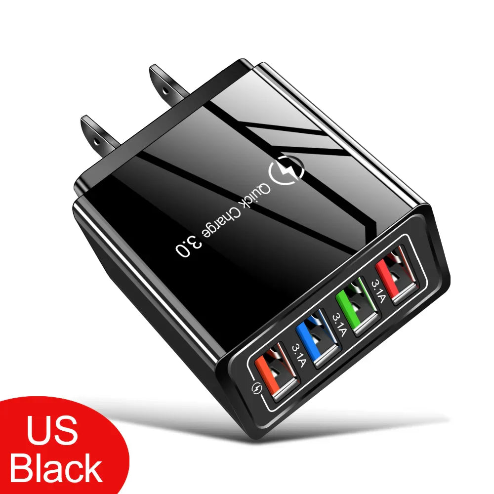 3A USB Charger 4 Port USB Quick Charge 3.0 EU US Plug Mobile Phone Charger Wall Adapter Portable Fast Charging For iPhone 16 Pro