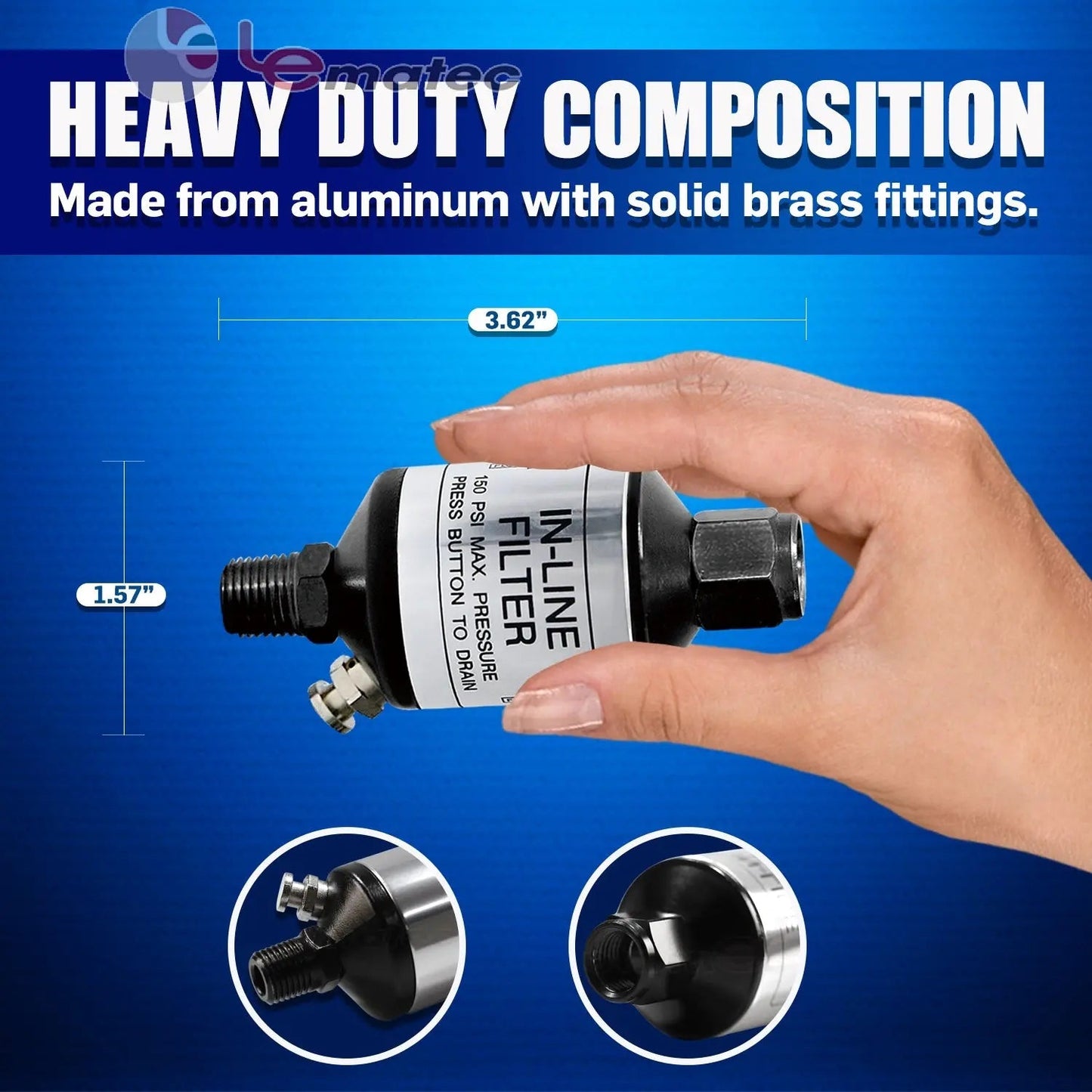 Professional Inline Air Filter System - 150 PSI Aluminum Oil & Water Separator with Drain (AI303)