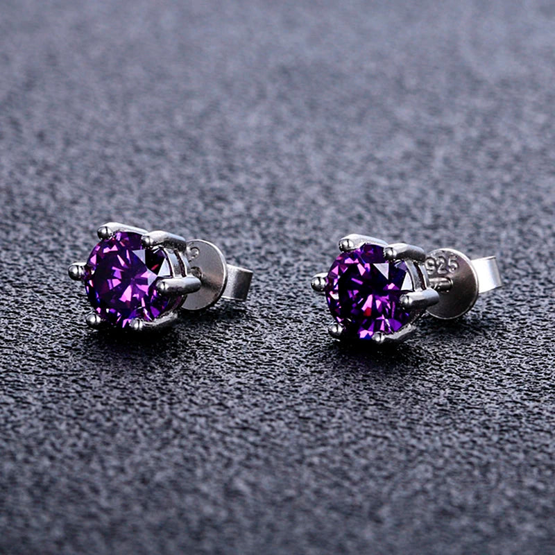 Twilight Spark Amethyst Studs – radiant round-cut silver earrings for weddings, nights out & everyday magic