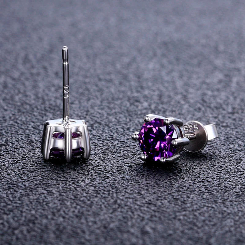 Twilight Spark Amethyst Studs – radiant round-cut silver earrings for weddings, nights out & everyday magic