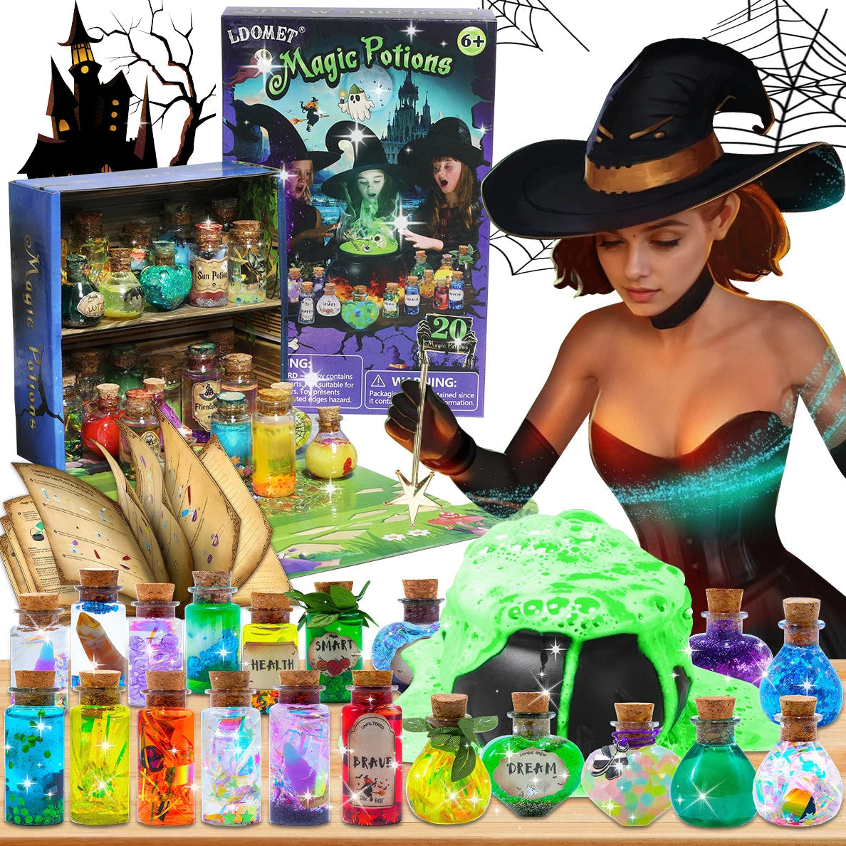 Halloween-themed product set with potion bottles, a witch costume, and a spellbook.