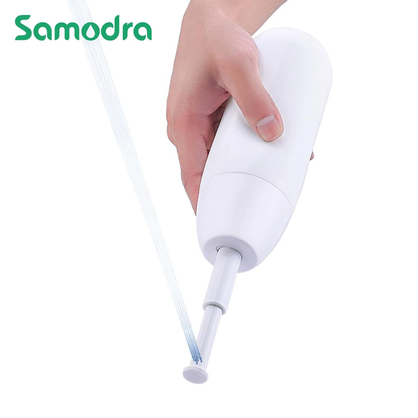 Hand holding a white dental tool with 'Samodra' branding on a white background