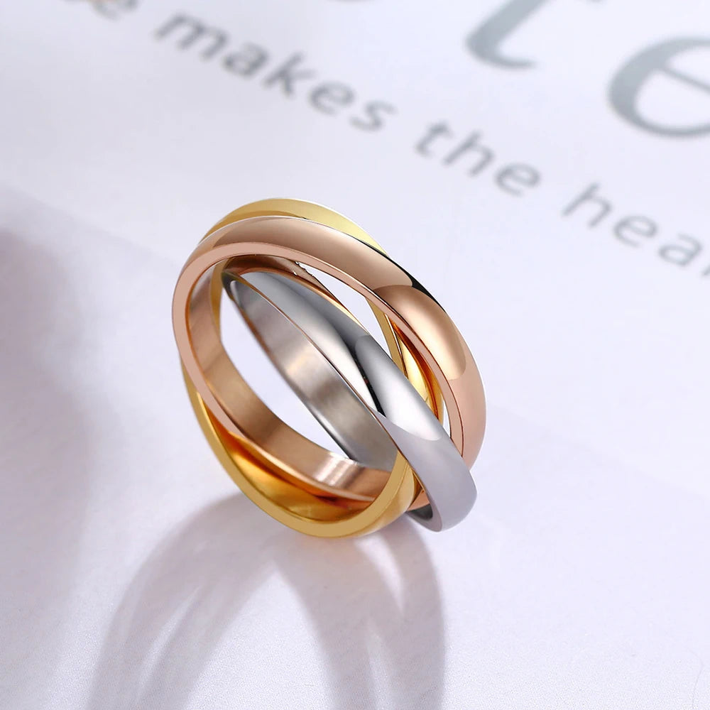 TriAura CeramiGold Ring Set — 3-Round Stack, 18K Glow, Stainless Strength (Sizes 5–14)