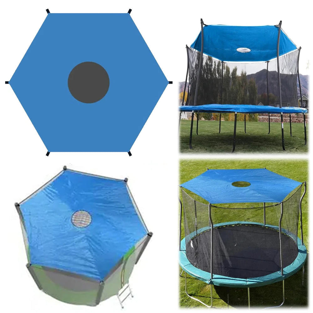 Hexagonal blue cover with a central black circle, shown on a trampoline in various settings.