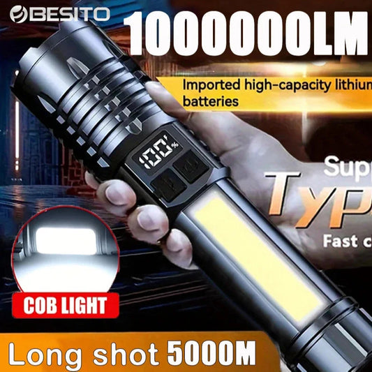 High-powered flashlight with detailed text on features, held by a hand.