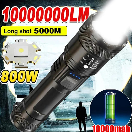 High-powered flashlight with specifications on a dark background