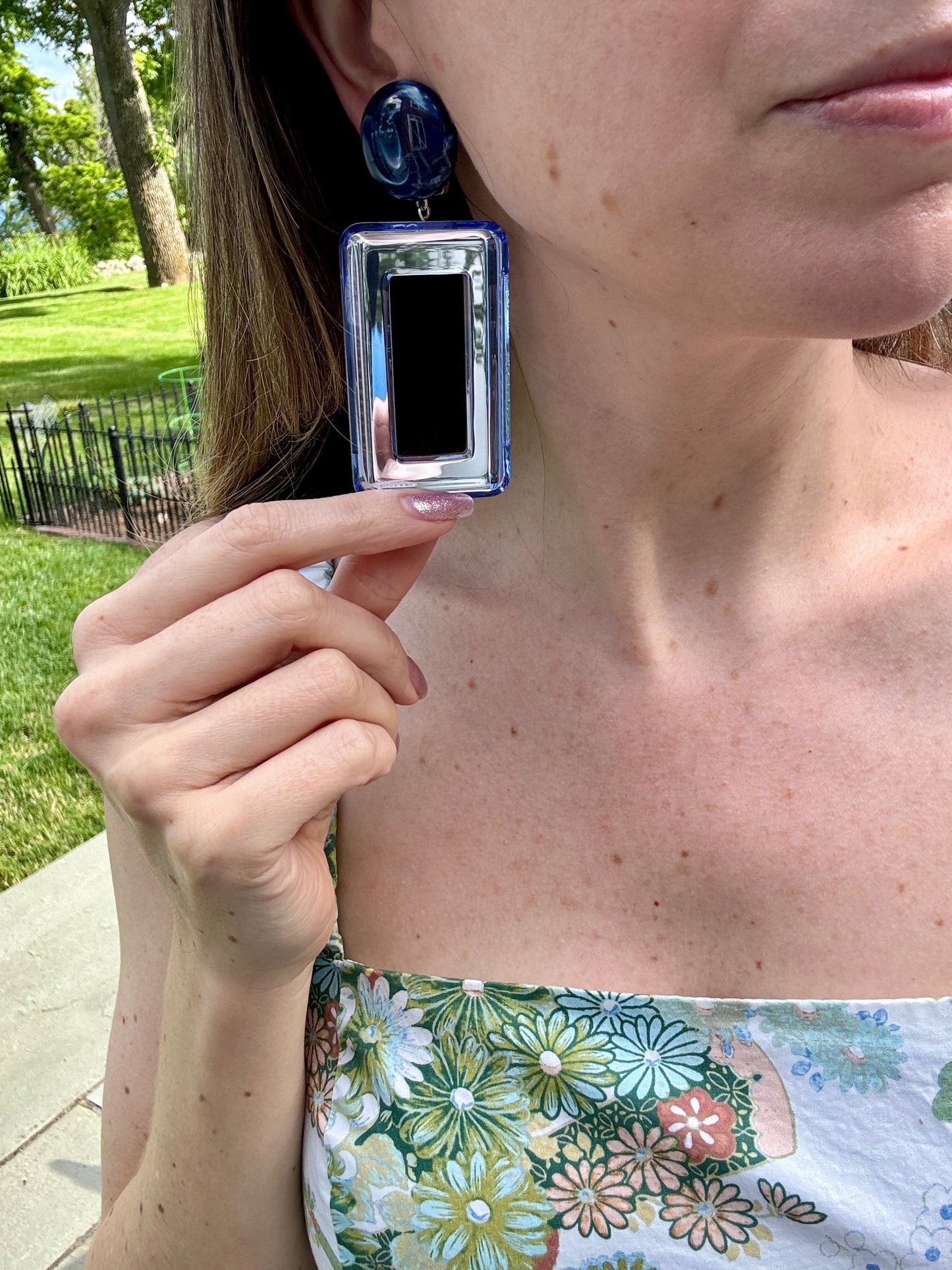 French Square Blue Mirrored Clip-On Earrings