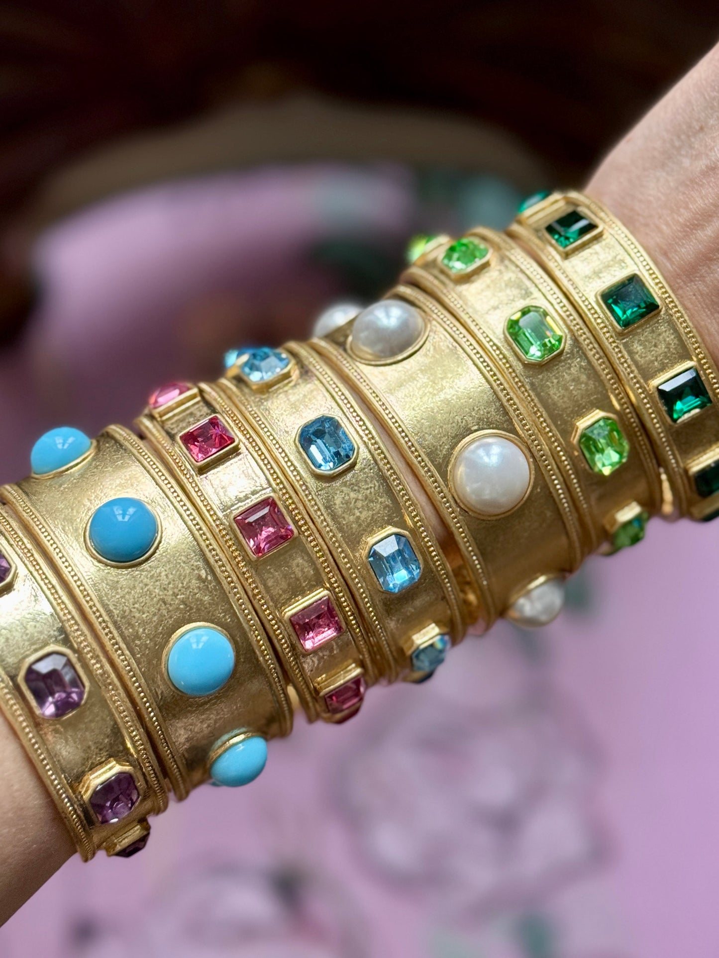 Claire Turquoise or Jade Glass Wide Gold Bangle