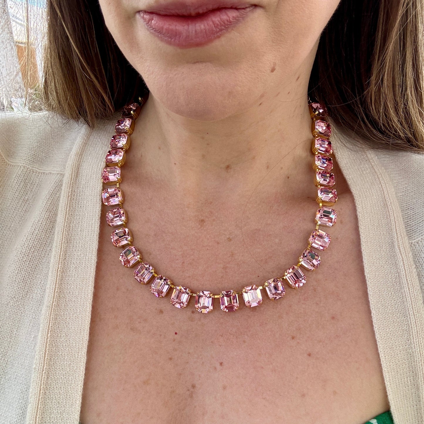 Cara Pink Crystal Square Cut Necklace