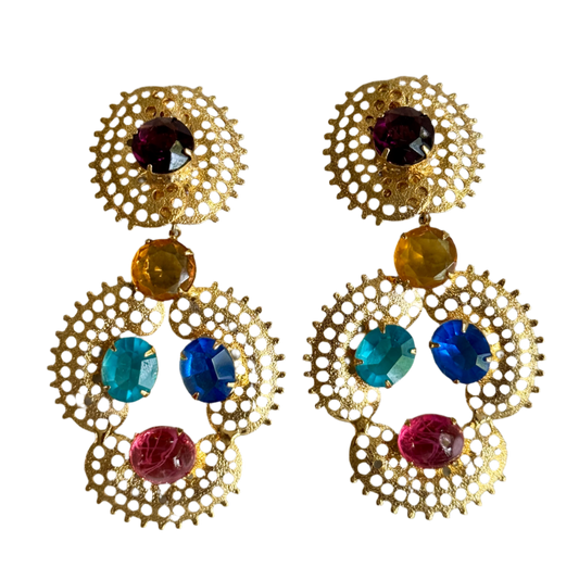80s Jeweled Gold Filagree Statement Earrings