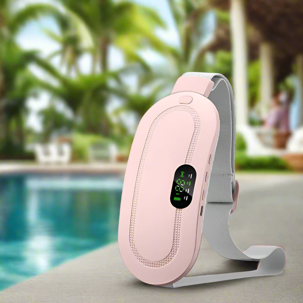 Intelligent warm palace belt with temperature adjustment display on a pink grid background