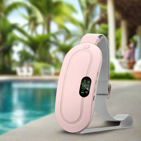 Intelligent warm palace belt with temperature adjustment display on a pink grid background