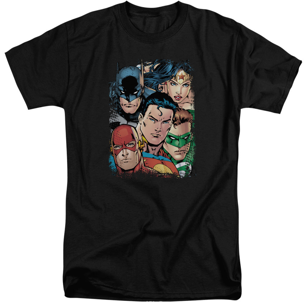 Justice League Up Close and Personal Mens Tall T Shirt Black Officially Licensed