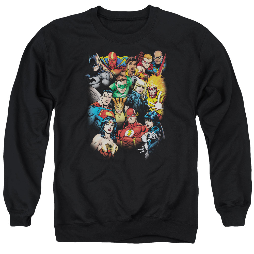 Justice League Of America The League'S All Here Mens Crewneck Sweatshirt Black Officially Licensed
