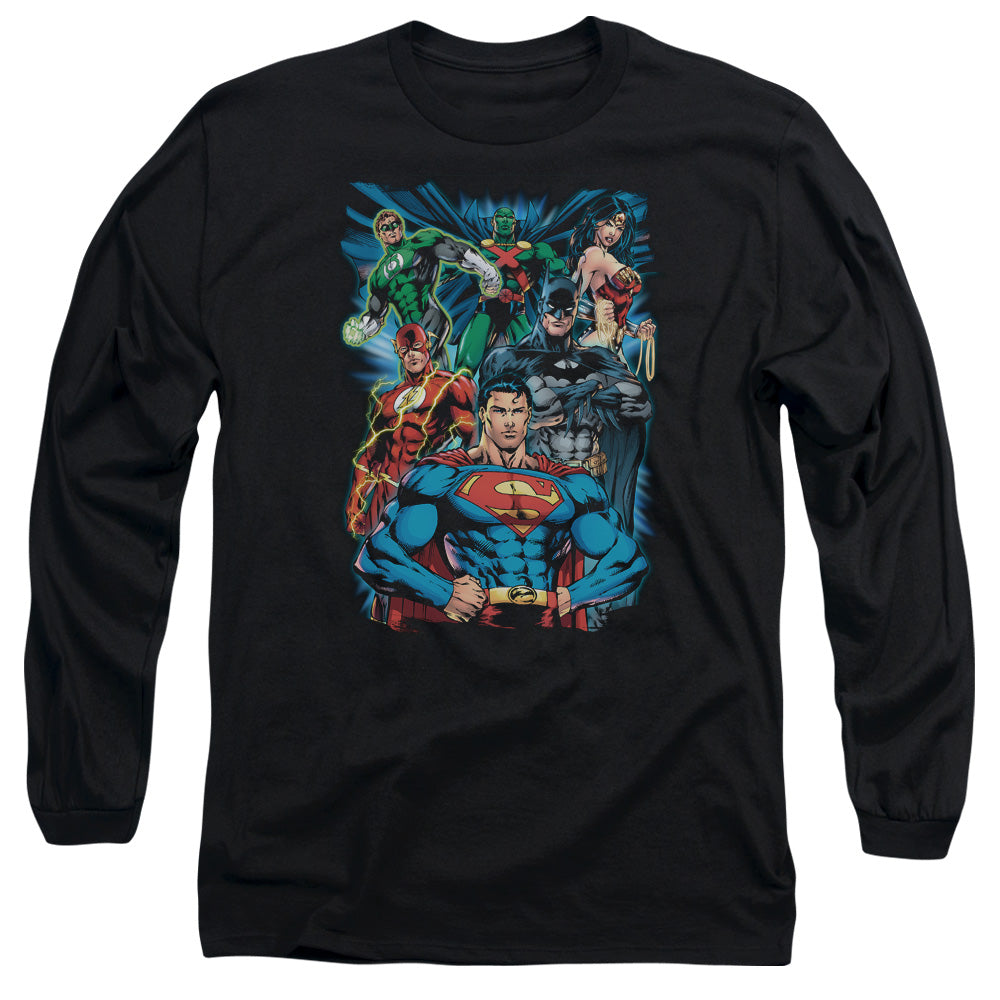 Justice League Justice is Served Mens Long Sleeve Shirt Black Officially Licensed