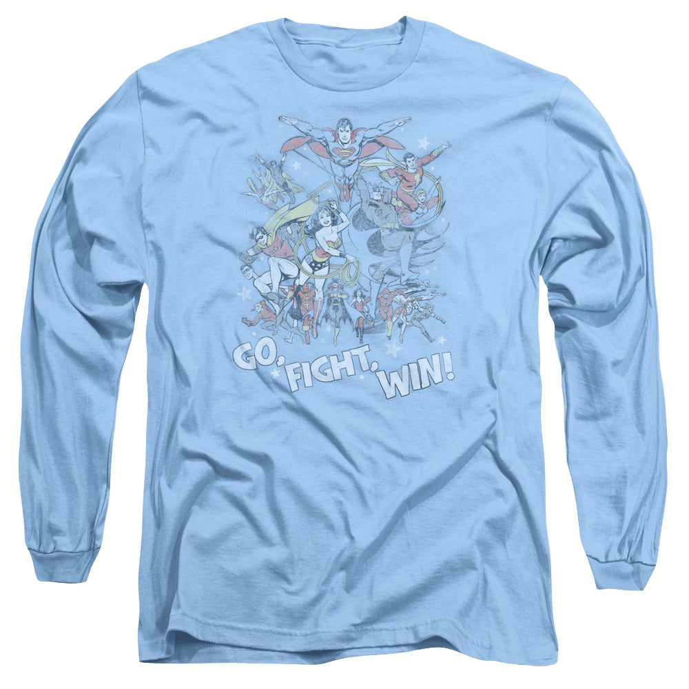Justice League Go Fight Win Mens Long Sleeve Shirt Carolina Blue Officially Licensed