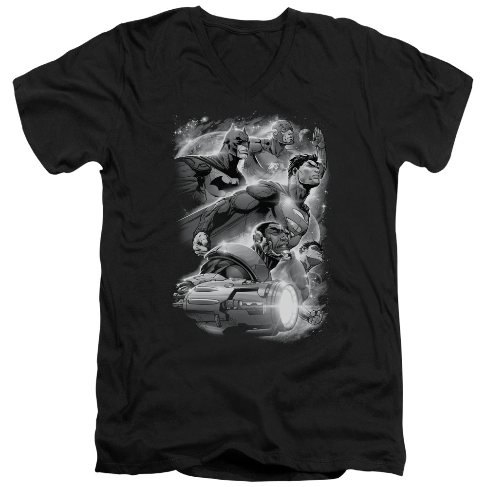 Justice League Atmospheric Mens Slim Fit V-Neck T Shirt Black Officially Licensed