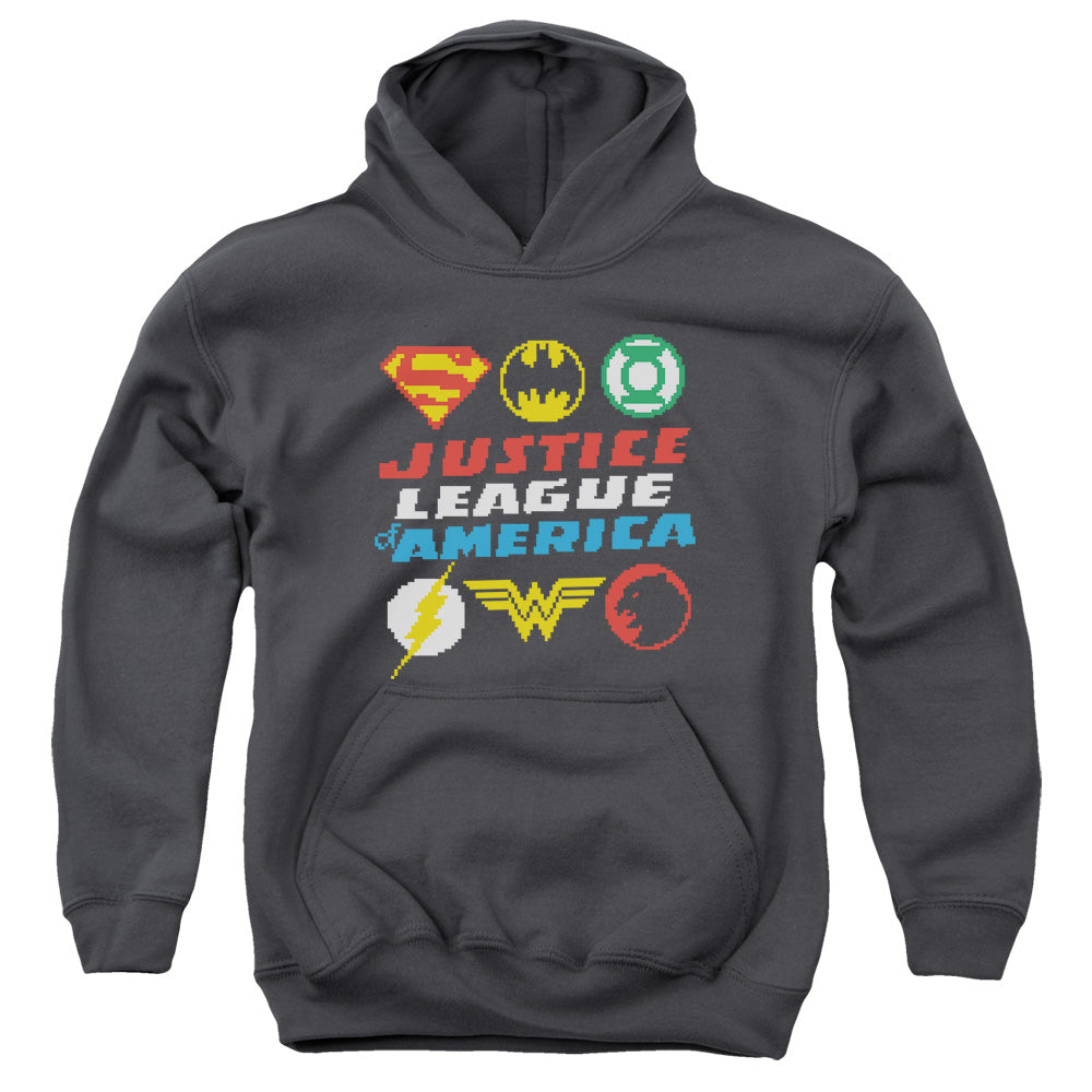 Justice League Pixel Logos Kids Youth Hoodie Charcoal Officially Licensed
