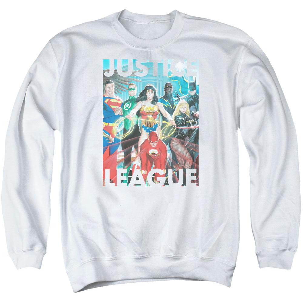 Justice League Hall of Justice Mens Crewneck Sweatshirt White Officially Licensed