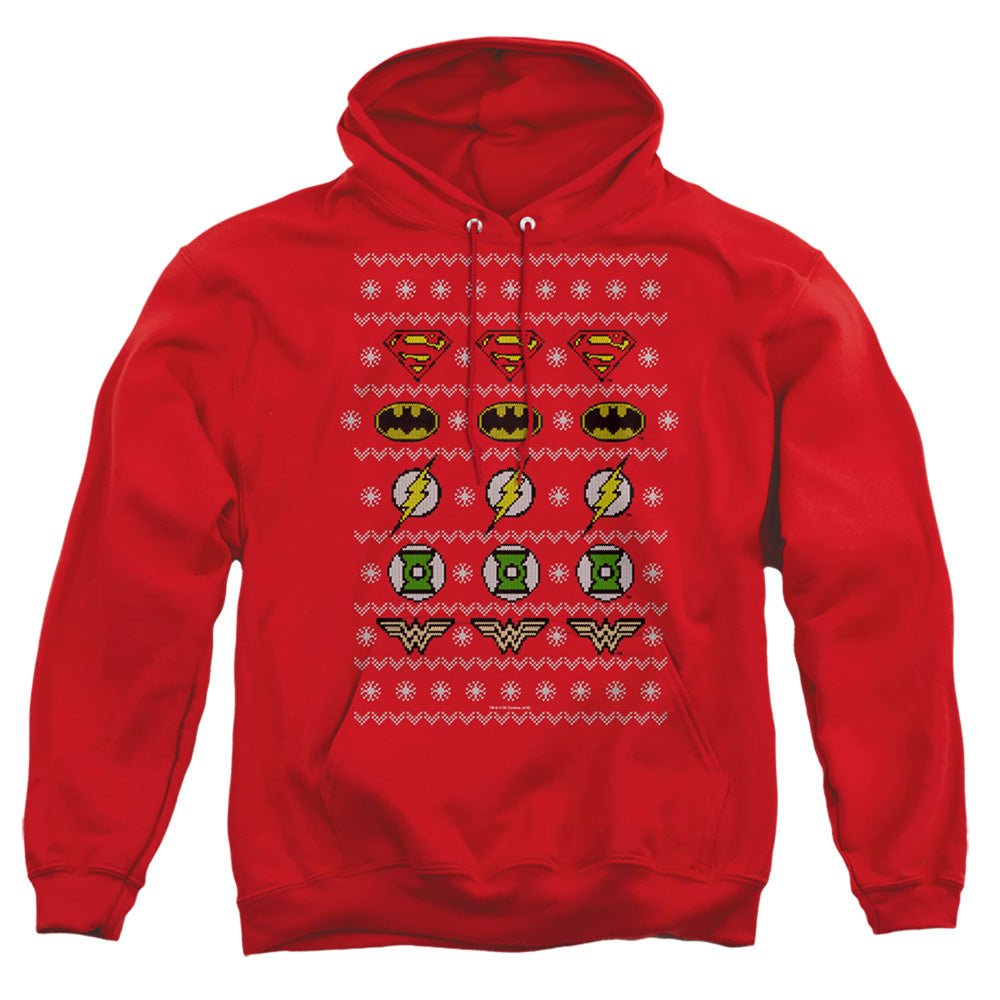 Justice League Of America Justice Shields Christmas Sweater 
 
 Mens Hoodie Red Officially Licensed