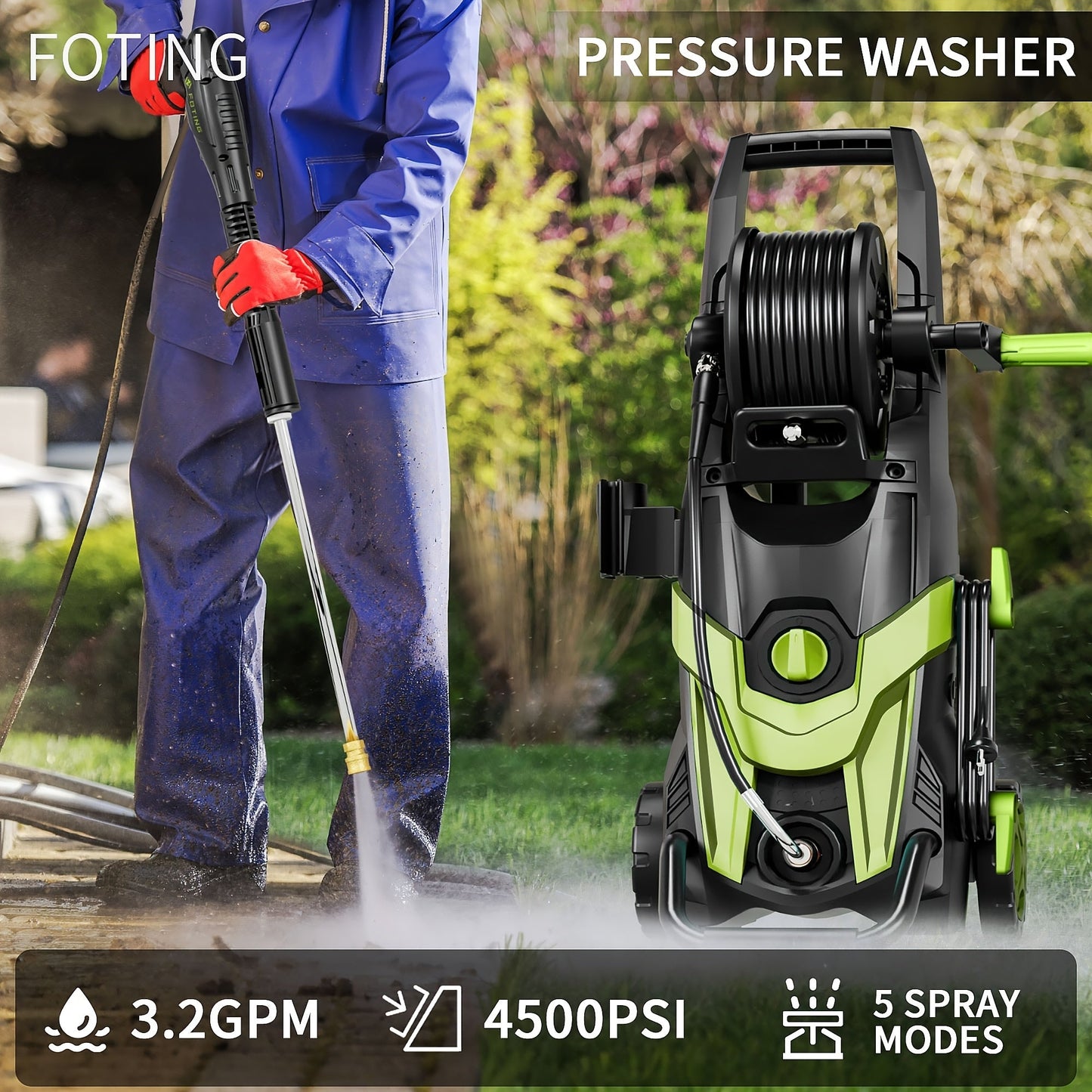 Electric Pressure Washer 4500 PSI 3.2 GPM w/ Foam Cannon Hose Reel
