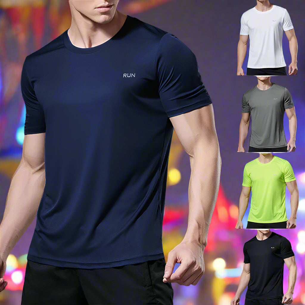 Man wearing a navy blue athletic shirt with 'RUN' logo, surrounded by other color options on a gray background.