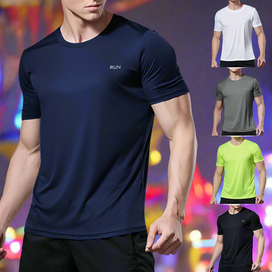 Man wearing a navy blue athletic shirt with 'RUN' logo, surrounded by other color options on a gray background.