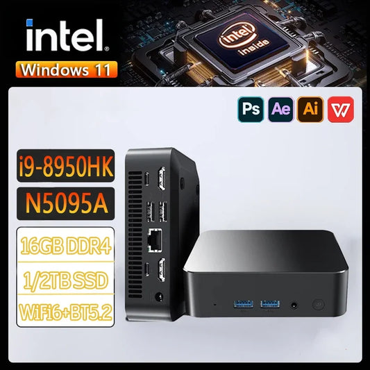 Mini PC with Intel processor and Windows 11 branding on a white background