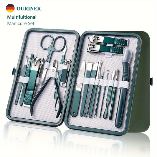 Multifunctional manicure set with tools in a green case, featuring the brand 'OURINER'.