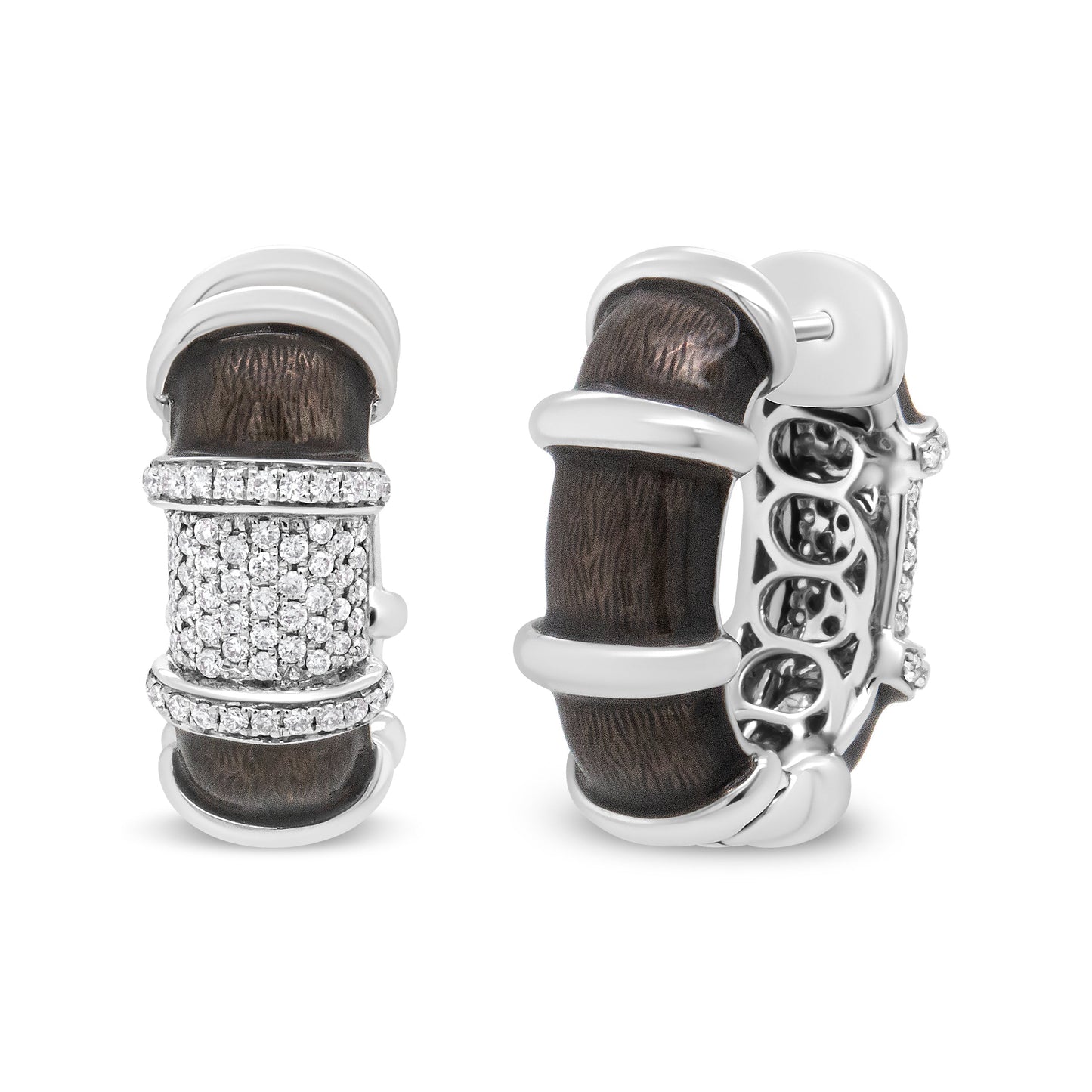 18K White Gold Flash Plated .925 Sterling Silver Clear Graphite Grey Enamel 5/8 Cttw Round Diamonds Huggie Hoop Earrings (F-G Color, VS1-VS2 Clarity)