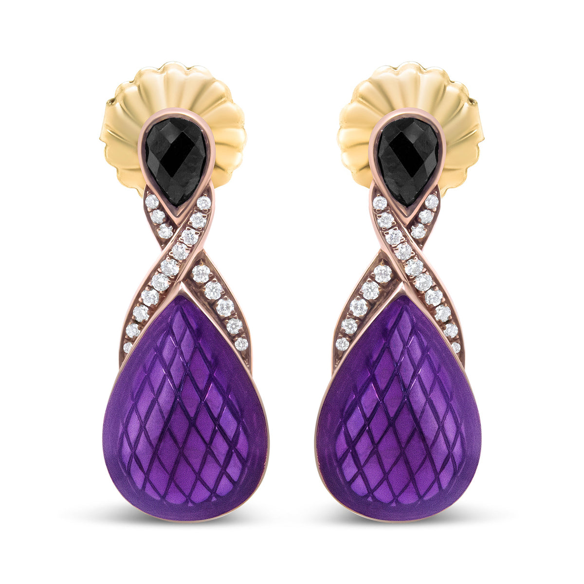 18K Rose Gold Flash Plated .925 Sterling Silver Purple Enamel 1/5 Cttw Round Pave-Set Diamond and 5.5 x 4mm Pear-Shaped Black Onyx Drop Earrings (F-G Color, VS1-VS2 Clarity)