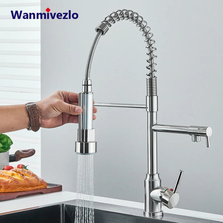 Nickel Kitchen Sink Faucet Pull Down Hot and Cold Water Mixer2 Mode Tap with Dual Spout 360 Rotation Flexible Deck Mounted - THOOBO!