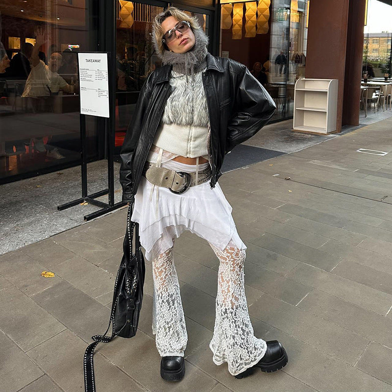 Design Mesh Stitching Lace Micro-transparent Culottes