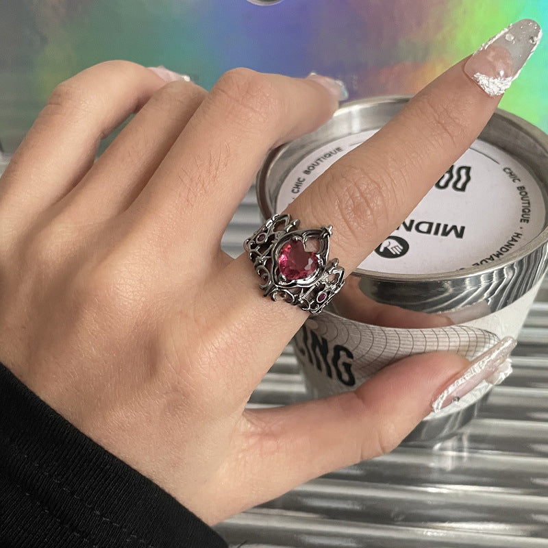 Red Blue Heart-Shaped Open Ring for Women