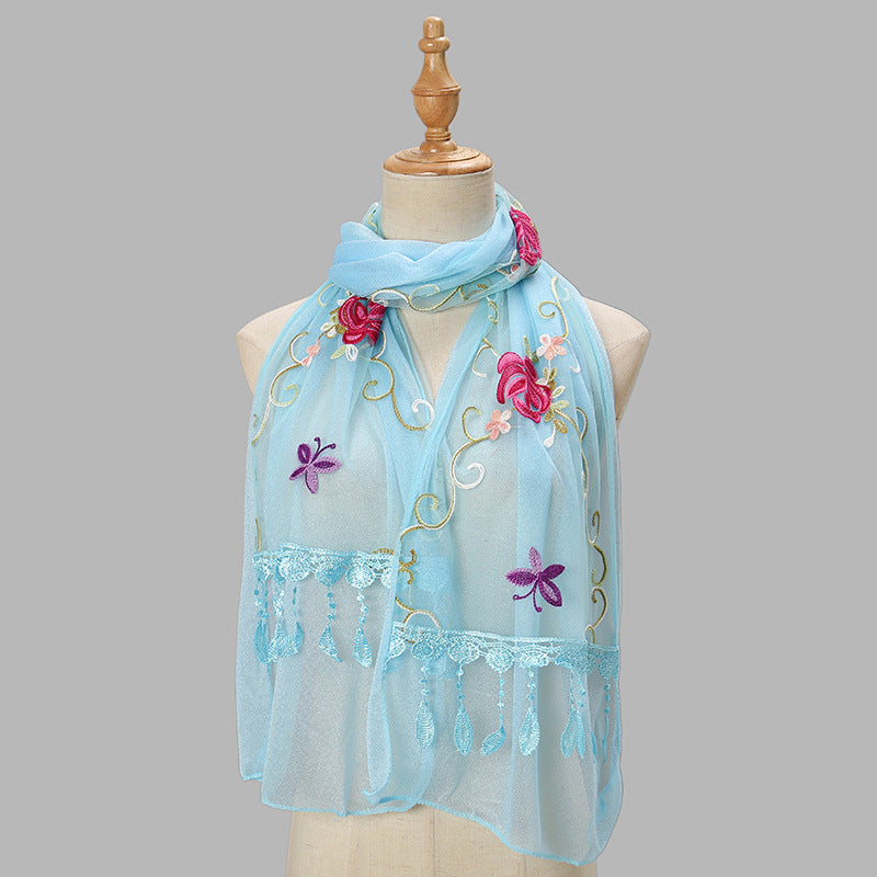 Double-layer Embroidery Flower Scarf Female Tassel