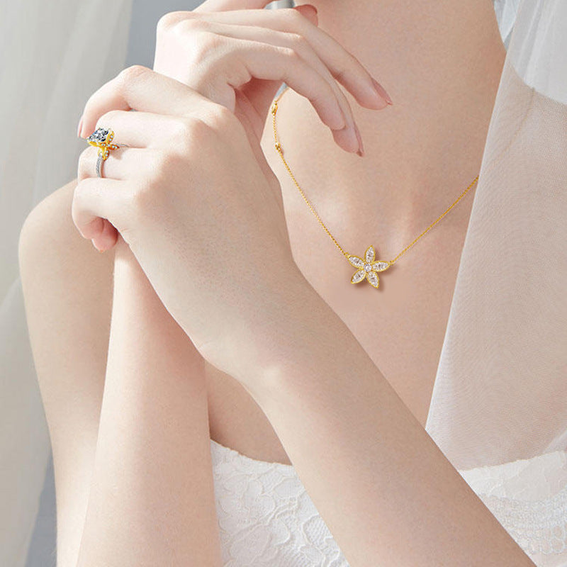 Sterling Silver Rhinestone Flower Pendant Necklace