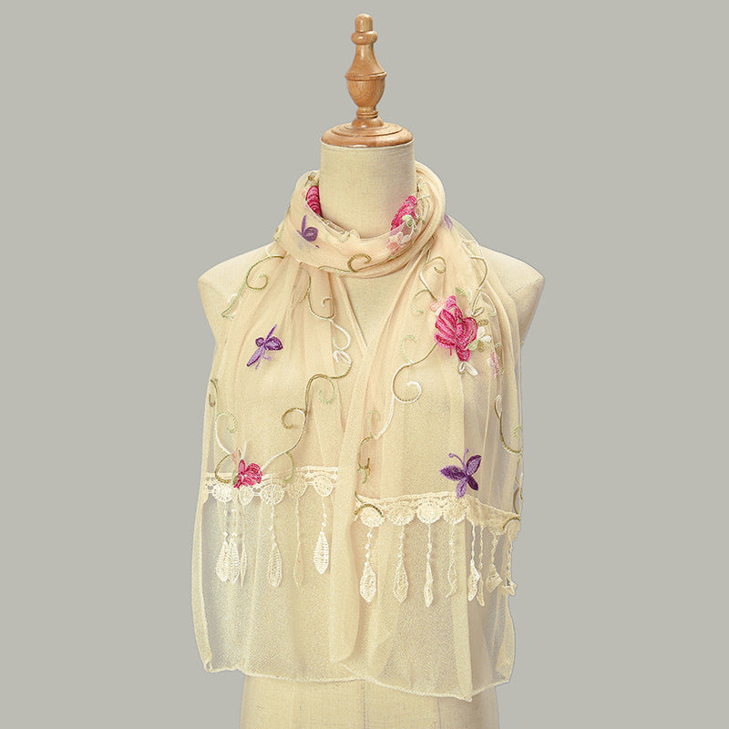 Double-layer Embroidery Flower Scarf Female Tassel
