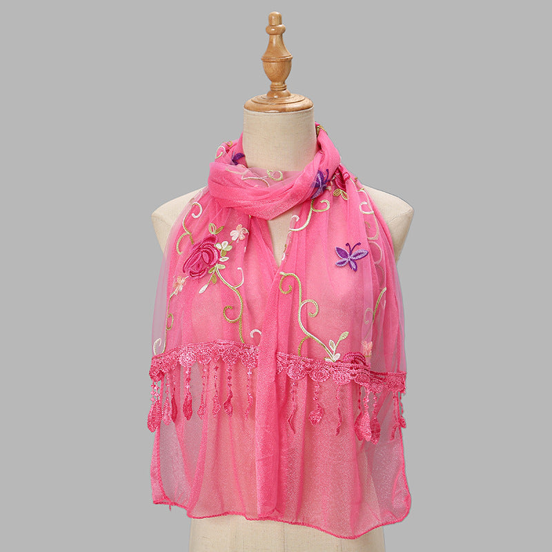 Double-layer Embroidery Flower Scarf Female Tassel