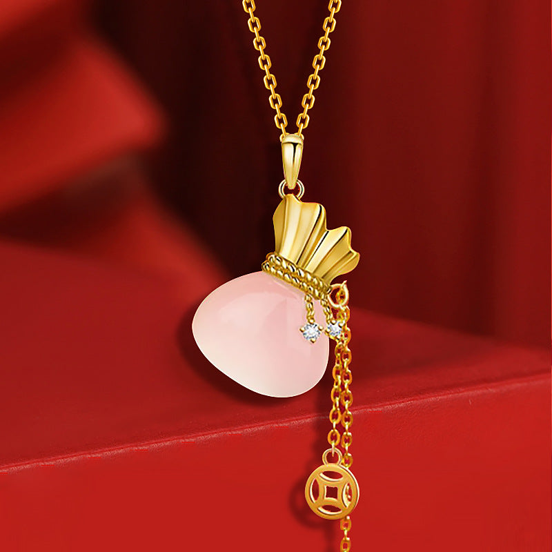 925 Silver Necklace with White Chalcedony Lucky Bag Pendant